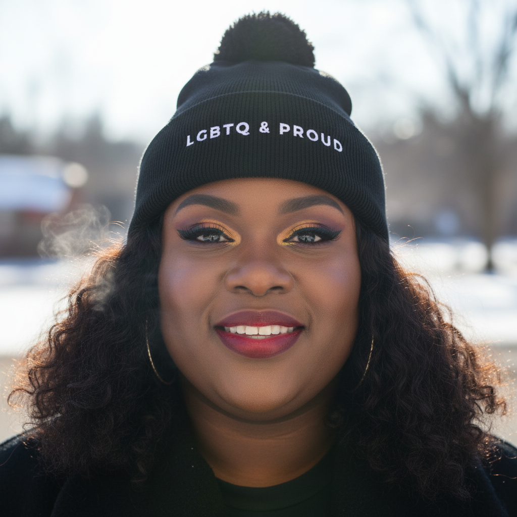 LGBTQ & Proud Pom Pom Beanie worn by a smiling person with dark curls and hoops