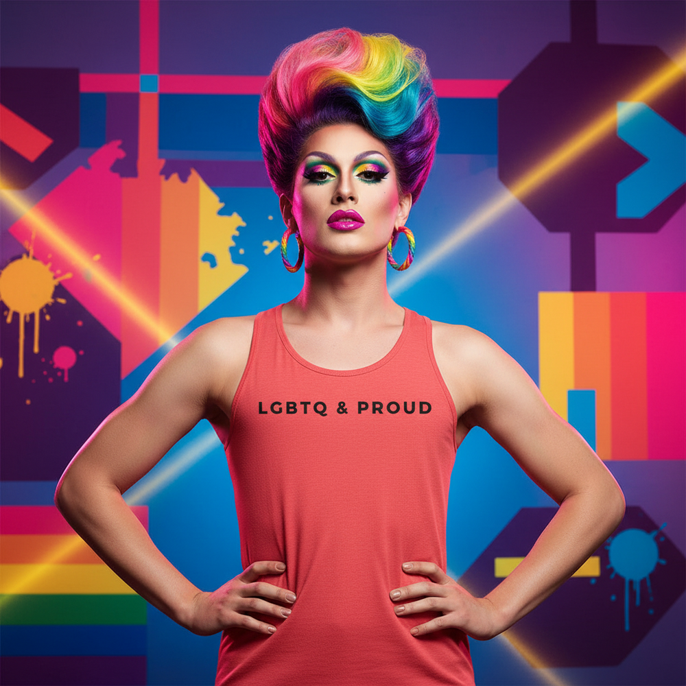 LGBTQ & Proud Unisex Tank Top on a fierce person with rainbow hair, bold makeup; backdrop pops with Pride stripes, shapes