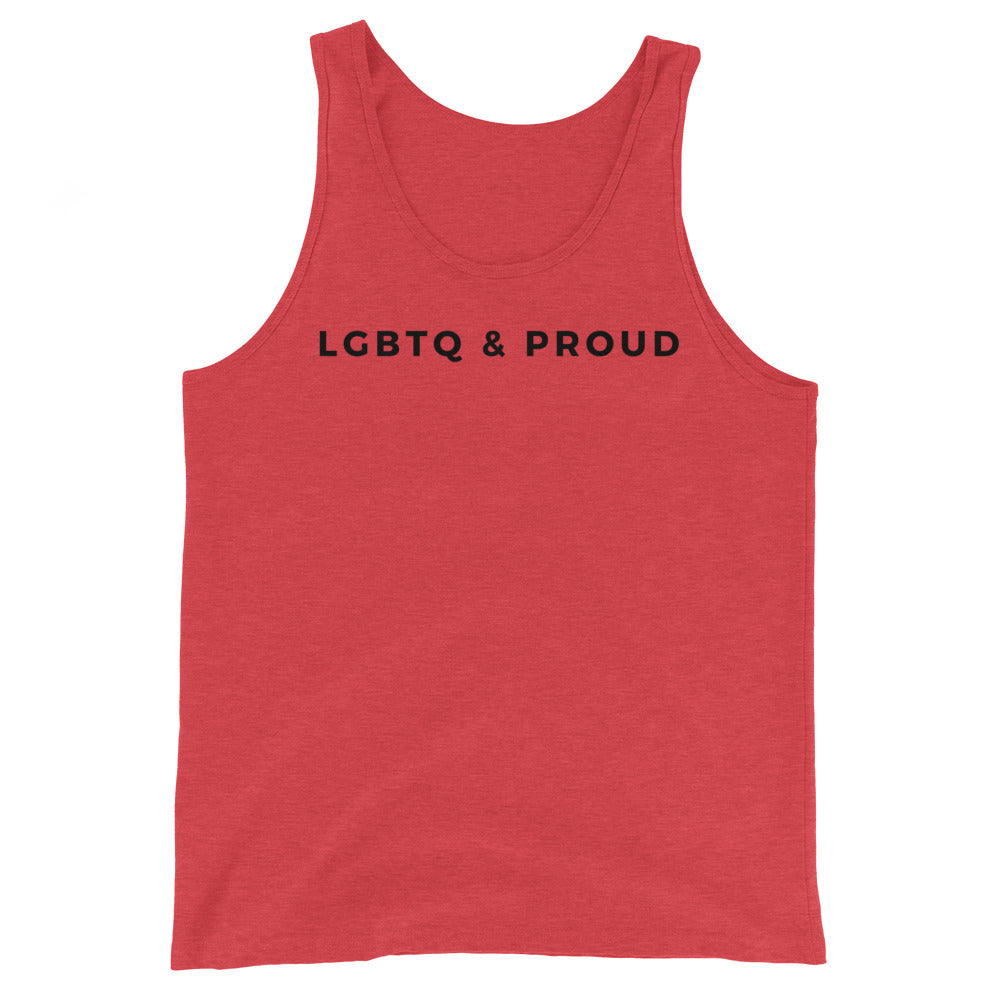 Unisex tank top, bold red, sleeveless with round neck. Front chest shouts "LGBTQ & PROUD" in big black letters