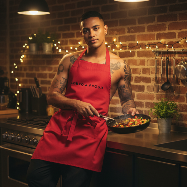 Person wearing a red “LGBTQ & PROUD” apron while cooking vegetables in a pan
