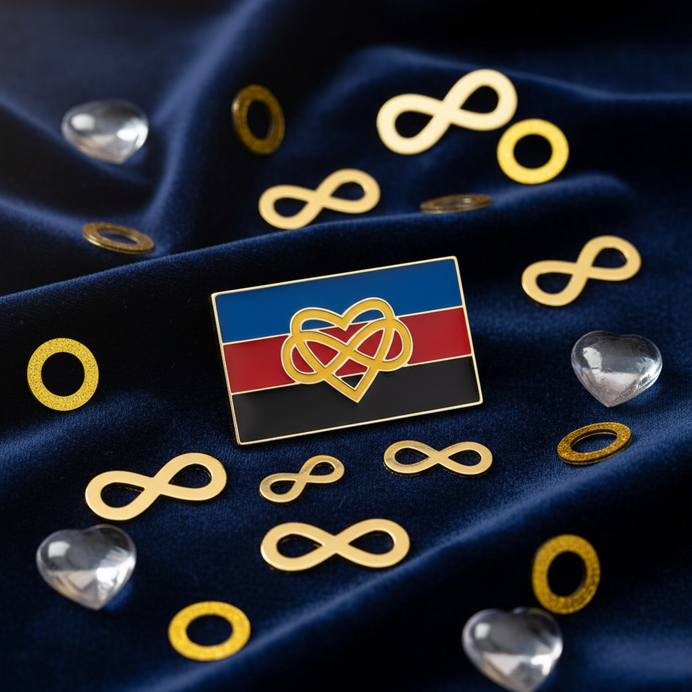Polyamory pride enamel pin with red, blue, and black stripes on dark blue fabric