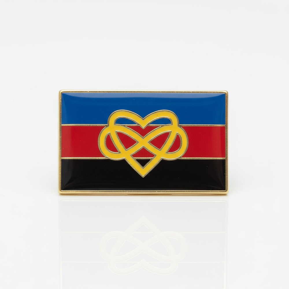 Rectangular enamel pin with blue, red, and black stripes and a gold infinity heart