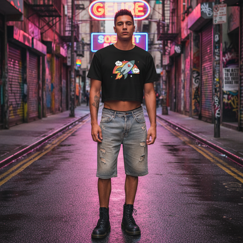 Front-view model wearing a black cropped T-shirt with a colorful rocket graphic