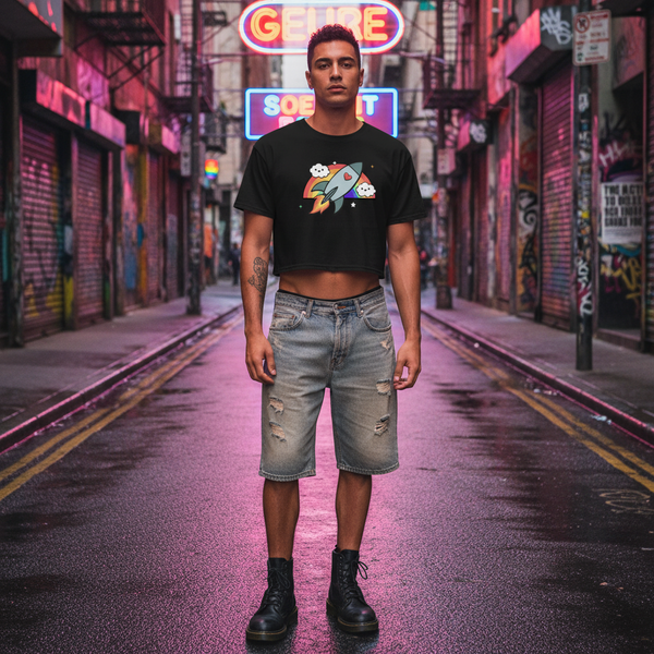 Front-view model wearing a black cropped T-shirt with a colorful rocket graphic