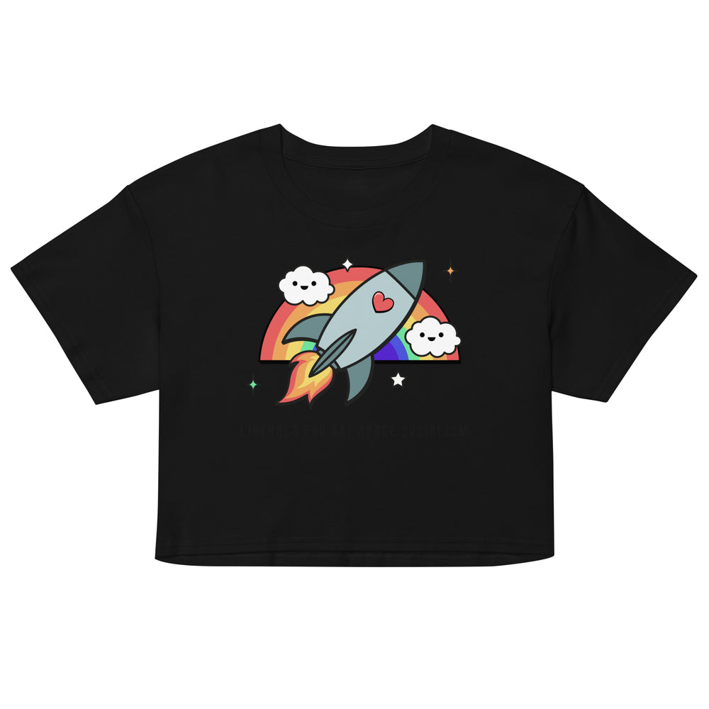 Front view of a black crop top with a rainbow rocket and smiling clouds