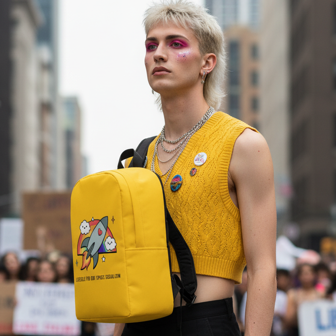 Liberals For Gay Space Socialism Minimalist Backpack slung over shoulder of person in yellow crop top; protest signs behind