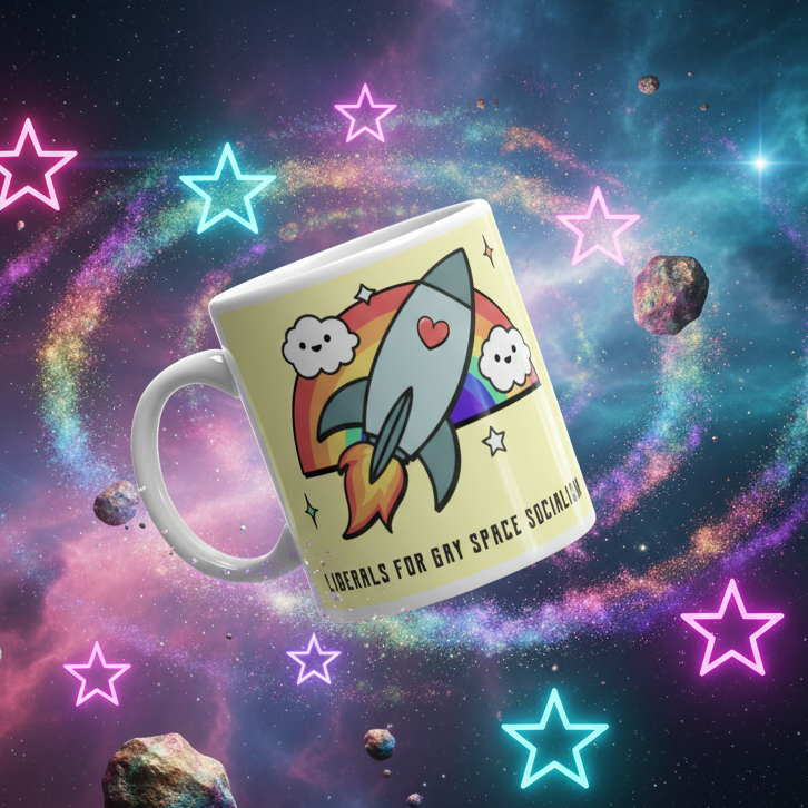 Angled mug with a cartoon rocket, rainbow, clouds, and the text “LIBERALS FOR GAY SPACE SOCIALISM”