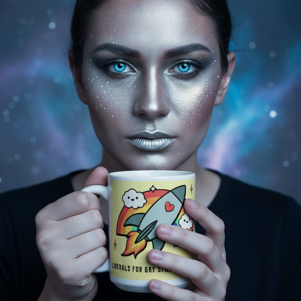 Person holding yellow mug with rocket and rainbow design; gay Pride mug with “Liberals For Gay Space Socialism” design