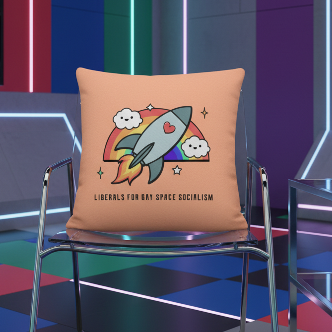 “Liberals For Gay Space Socialism” pillow with cartoon rocket, rainbow clouds, and heart on peach fabric