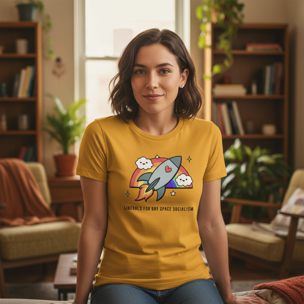 Liberals For Gay Space Socialism T-Shirt worn by a person on a couch, with rainbow, rocket, clouds, heart art; cozy room