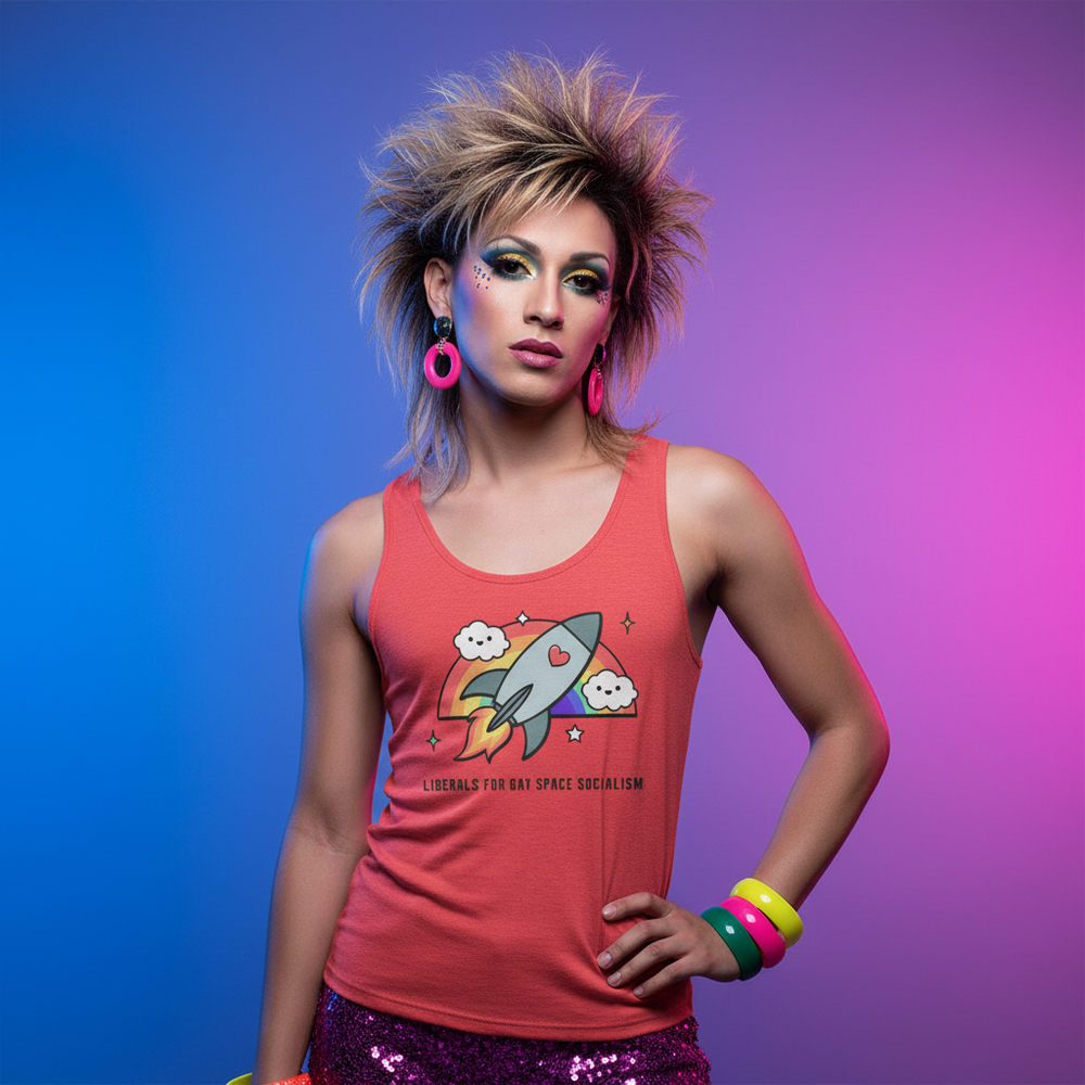 “Liberals For Gay Space Socialism” unisex tank top with cartoon rocket; person with bold makeup, spiky mullet, hoops