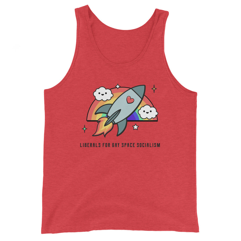 Unisex tank top with a rainbow rocket, heart, flames, clouds, stars, and slogan "LIBERALS FOR GAY SPACE SOCIALISM"