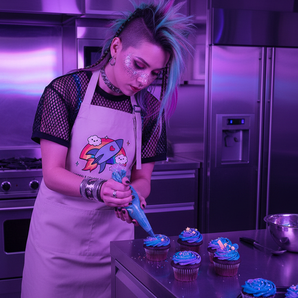 Person in a white rocket-print apron piping blue frosting onto cupcakes