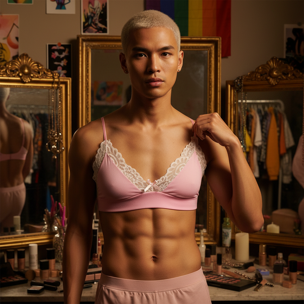 Model wearing a pink lace-trim bralette and matching briefs in a dressing room