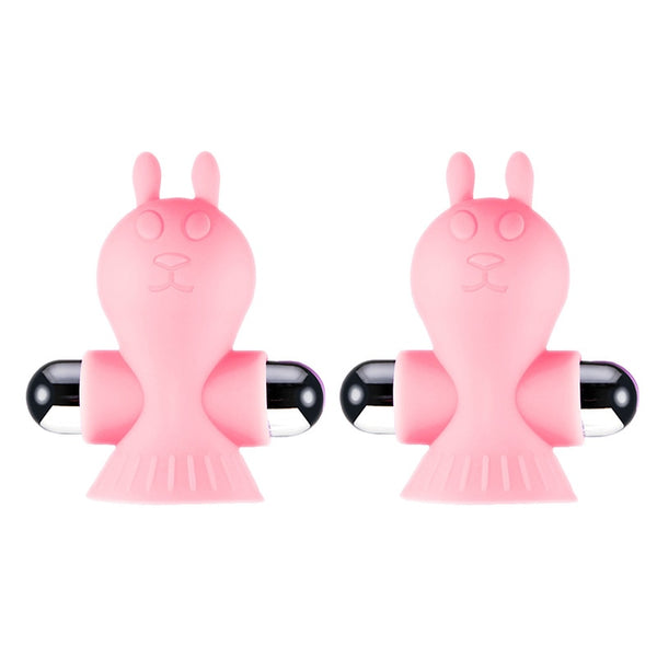 Pair of pink bunny-shaped vibrating nipple clamps with black metal arms on white