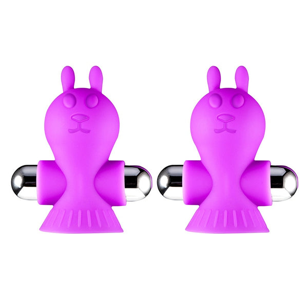 Pair of purple rabbit-shaped vibrating nipple clamps with shiny metal bars