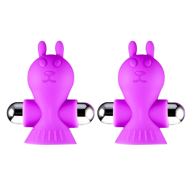 Pair of purple rabbit-shaped vibrating nipple clamps with shiny metal bars