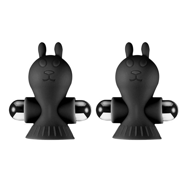 Pair of black bunny-shaped vibrating nipple clamps shown side by side