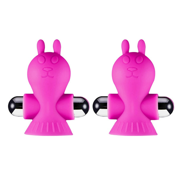 Pair of pink bunny-shaped vibrating nipple clamps with black-and-silver ends