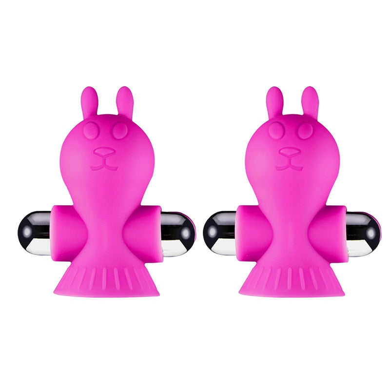 Pair of pink bunny-shaped vibrating nipple clamps with black-and-silver ends