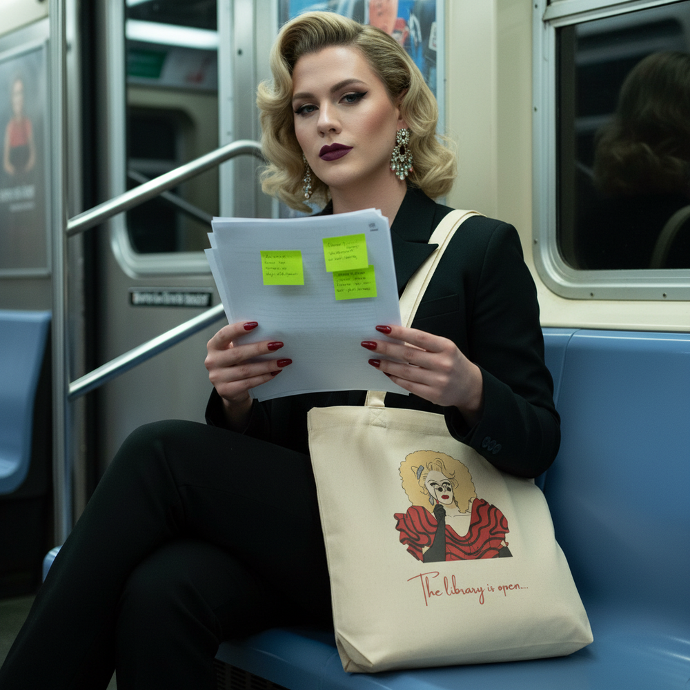 Person in a black suit holds papers beside a cream tote showing a glamorous illustration and “The library is open...”