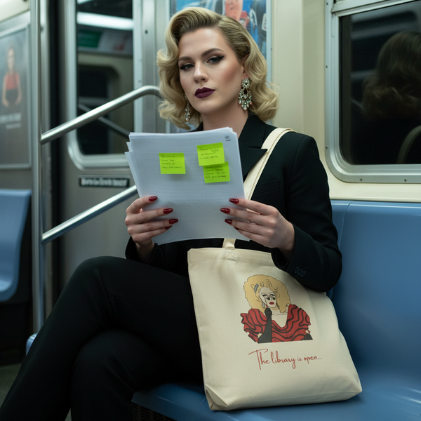 Person in a black suit holds papers beside a cream tote showing a glamorous illustration and “The library is open...”