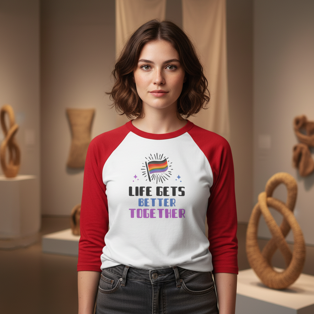 3/4 sleeve raglan tee with “LIFE GETS BETTER TOGETHER,” rainbow heart, and sparkles; person in gallery setting
