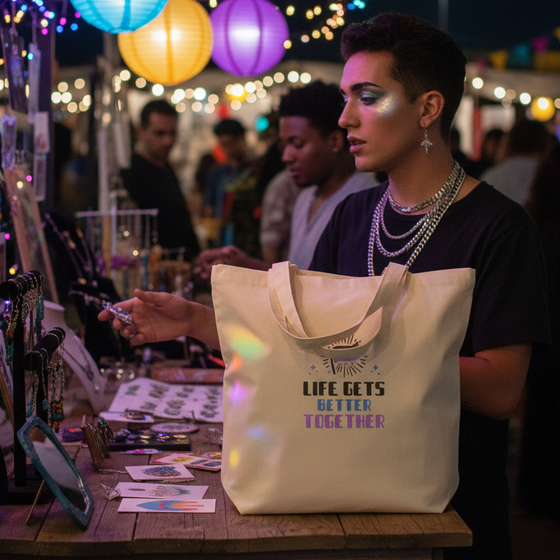 Person holds a cream tote reading “LIFE GETS BETTER TOGETHER” at a colorful market stall