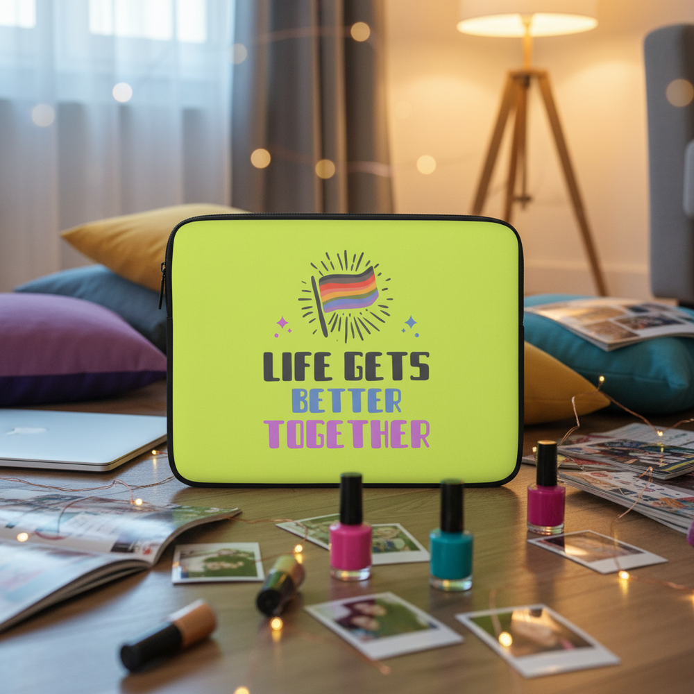 Lime green “Life Gets Better Together” laptop sleeve with a rainbow pride flag, shown on wood with nail polish, Polaroids