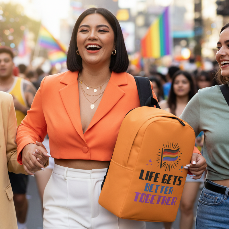 Minimalist backpack reading "Life Gets Better Together," rainbow flag draped
