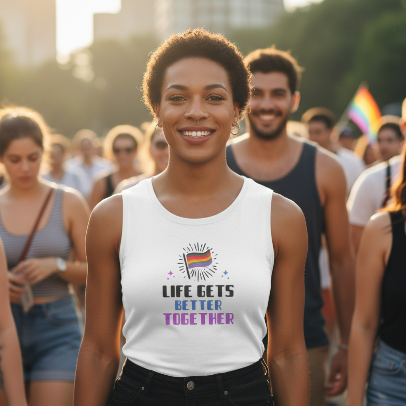 Muscle tank with a rainbow heart and "Life Gets Better Together" slogan
