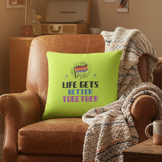 Tan leather armchair with blanket, topped by bright green "Life Gets Better Together" LGBT pillow with rainbow heart