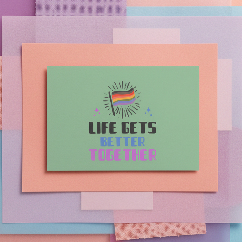 Postcard featuring a rainbow flag and “Life Gets Better Together” in black, blue, and purple on pastel pink, purple