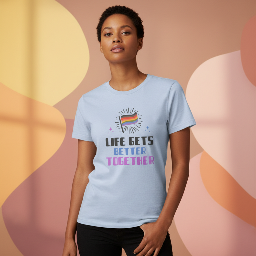 Light blue unisex Pride T-shirt with a rainbow heart and the slogan Life gets better together