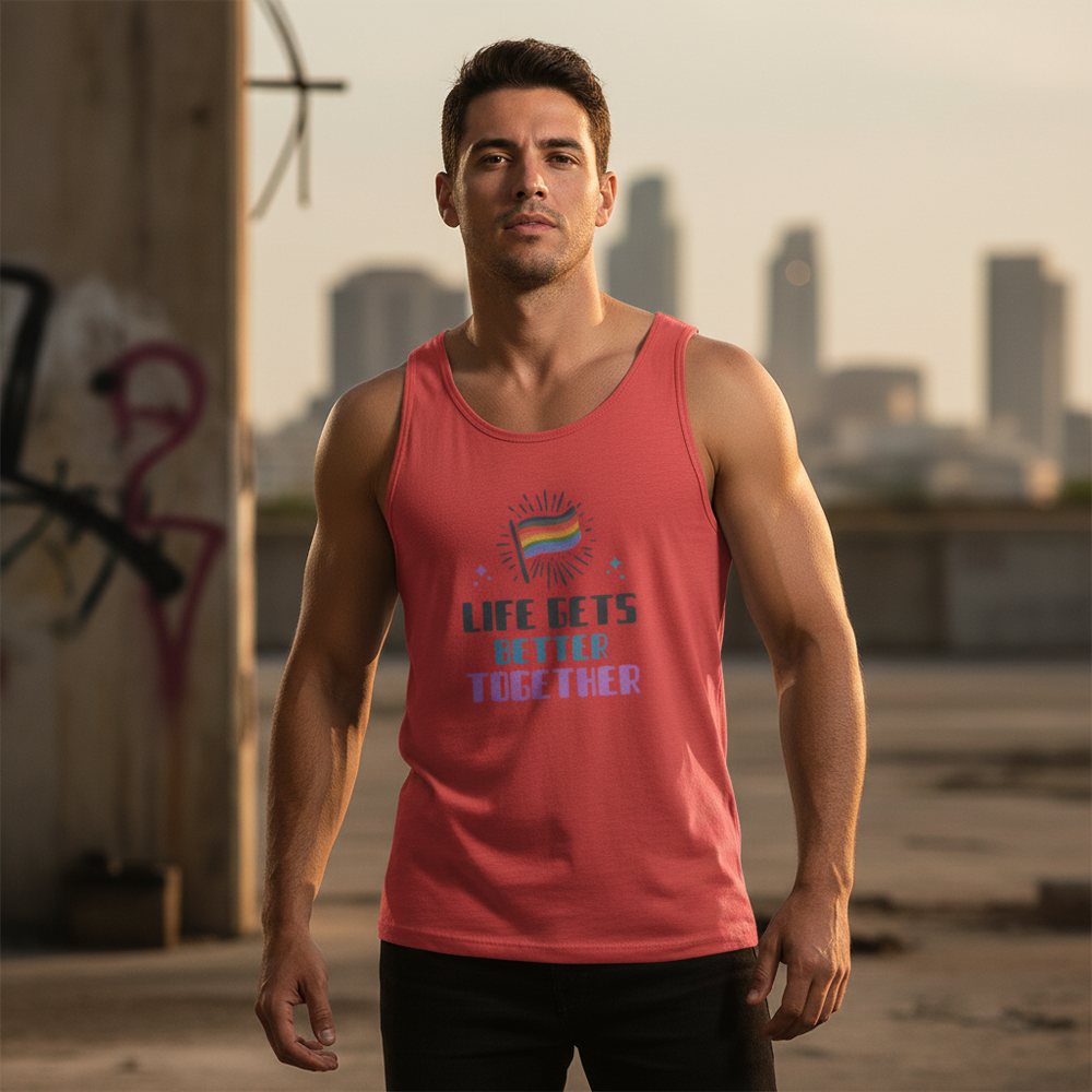 Life Gets Better TogeTher Unisex Tank Top with rainbow Pride flag and slogan, modeled by a muscular man; outdoor queer vibe.