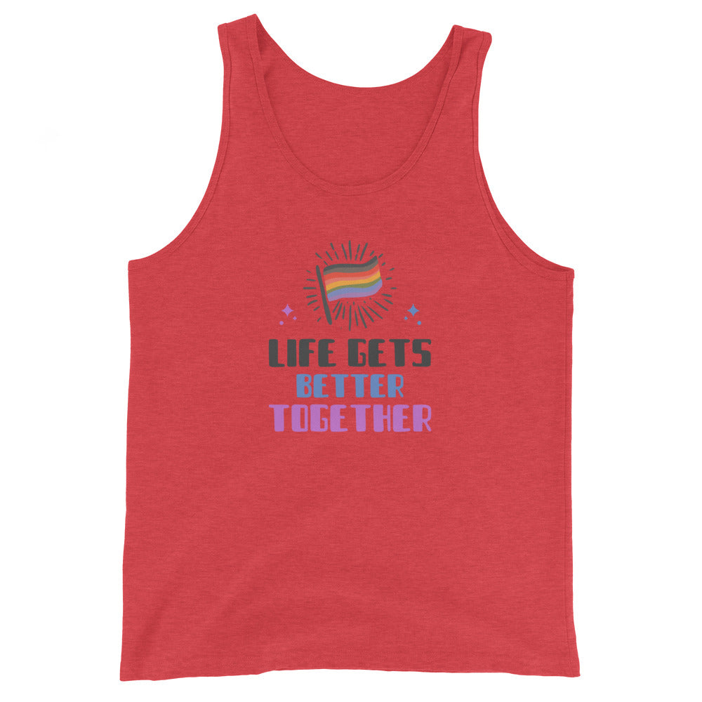 Front view of a red tank top with a rainbow flag and “LIFE GETS BETTER TOGETHER” text