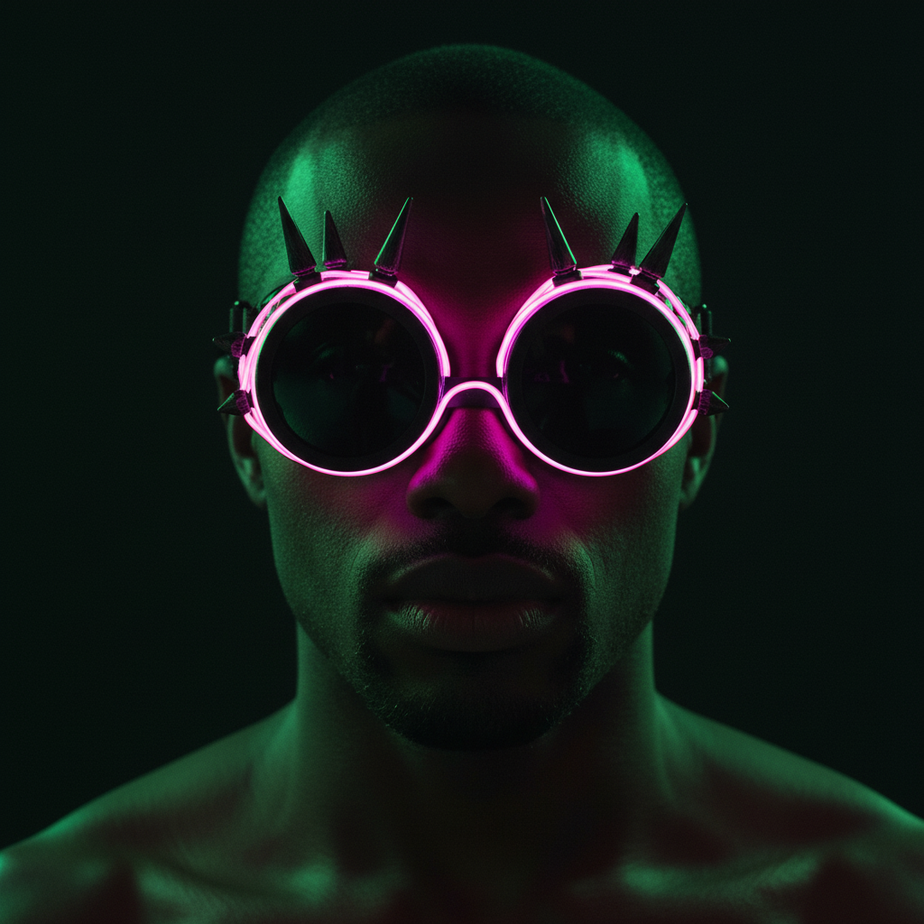 A person in "Light Up The Night" Steampunk Spectacles—large neon pink frames with spikes—glows in queer-lit green and pink