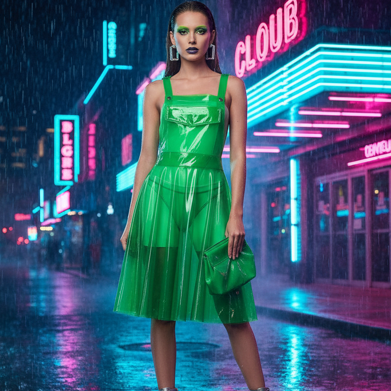 Sexy transparent PVC dress and matching purse worn by a woman with green eye makeup, slick hair, in neon-lit, rainy city street.