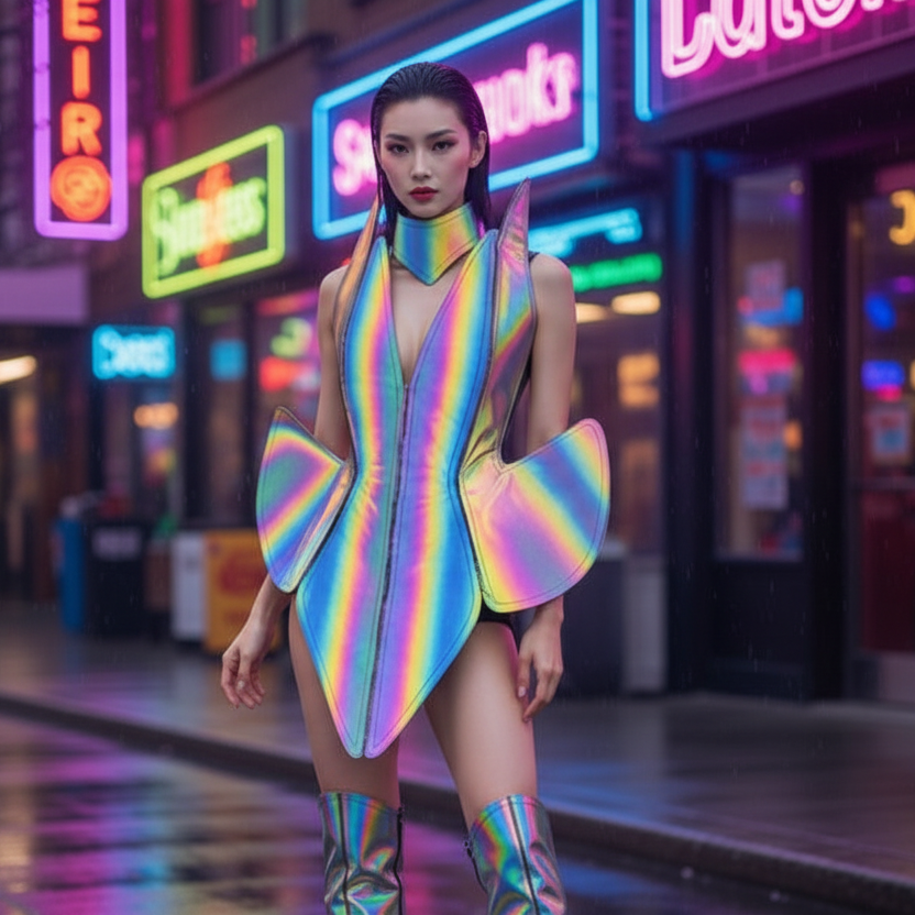 Futuristic Dancewear Reflective Performance Costume with matching boots, neon-lit wet city street, sci-fi vibe, bold vibrant colors.