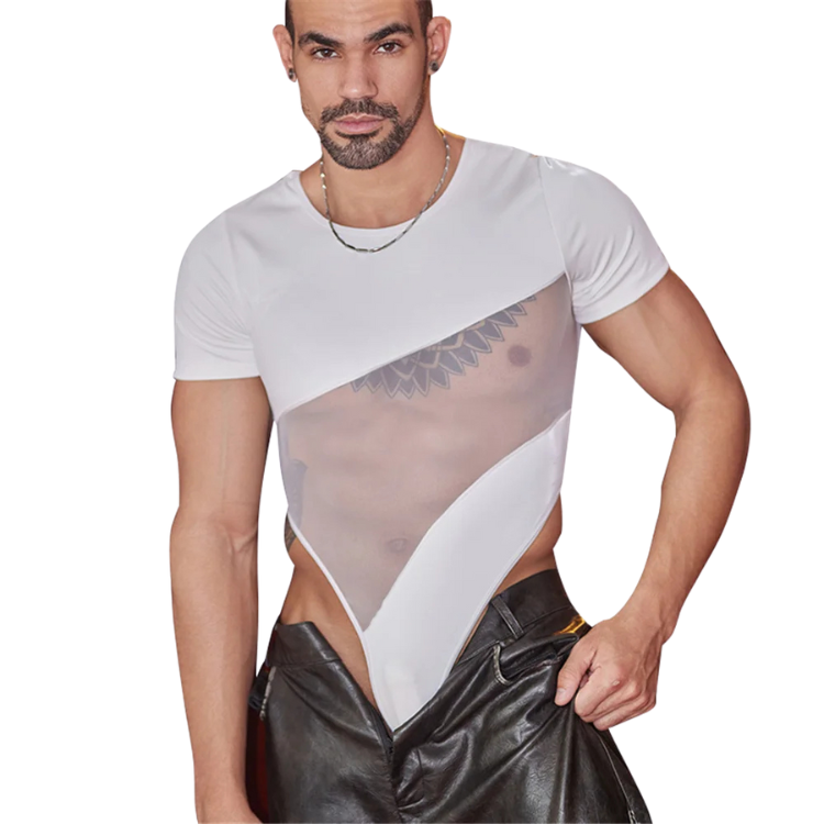 Front-facing model in a white short-sleeve shirt with sheer diagonal panels, wearing black leather pants