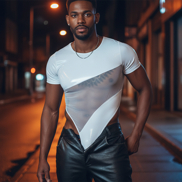 A person in black leather pants and a 