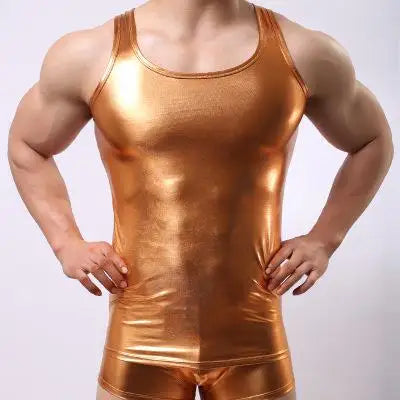 Front view of a muscular model wearing a metallic bronze tank top and matching shorts