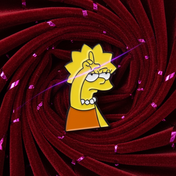 Lisa Simpson's Loser Enamel Pin features a fierce Lisa gesturing L for loser, set against a vibrant backdrop