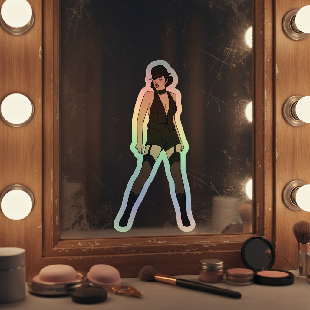 Liza Minnelli holographic vinyl sticker shows a fierce person in black hat and outfit on a lit vanity