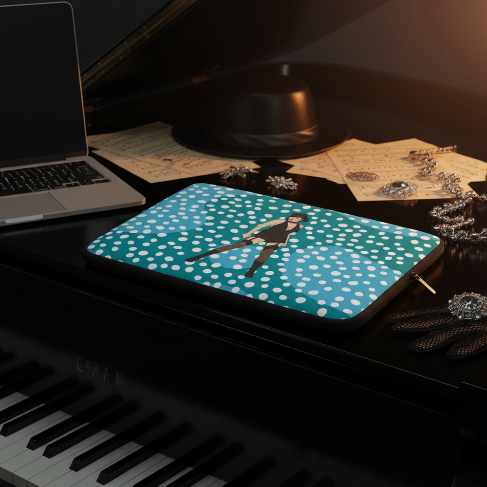 Liza Minnelli Laptop Sleeve with water-resistant polka dots, suited figure, on black piano; open laptop, queer glam hat