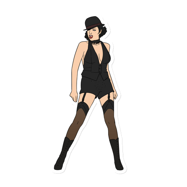 Full-body illustrated woman in a black bowler hat, halter outfit, stockings, and boots