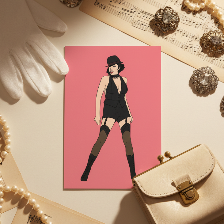 Pink postcard with a stylized person in a black bowler hat, bodysuit, stockings, and boots