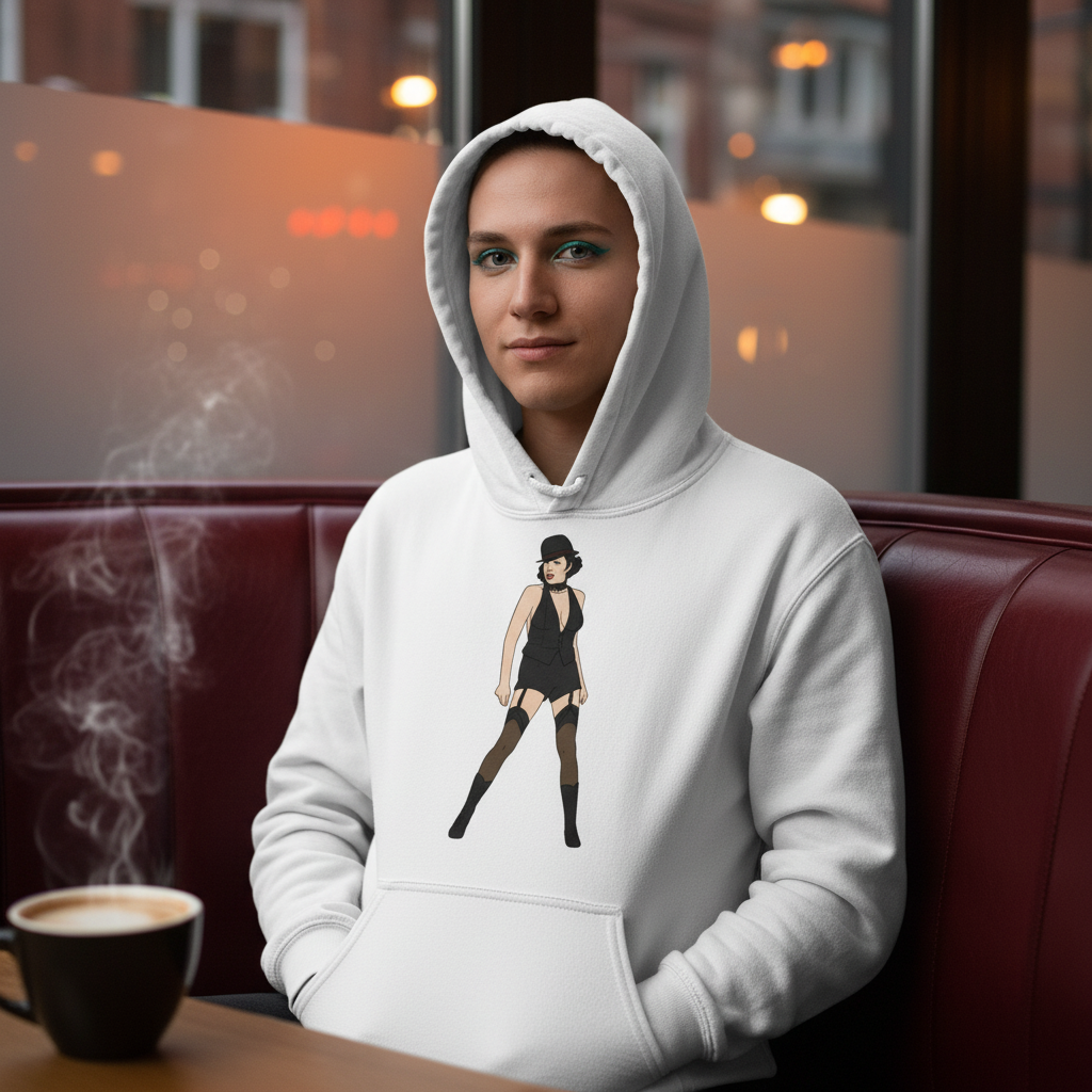 Person in a café booth wearing a white hoodie with a cabaret-style person graphic