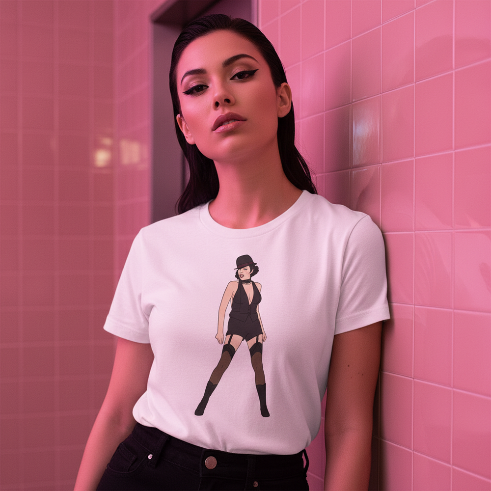 Liza Minnelli Unisex T-Shirt, white cotton, illustrated cabaret dancer in black with stockings and bowler hat
