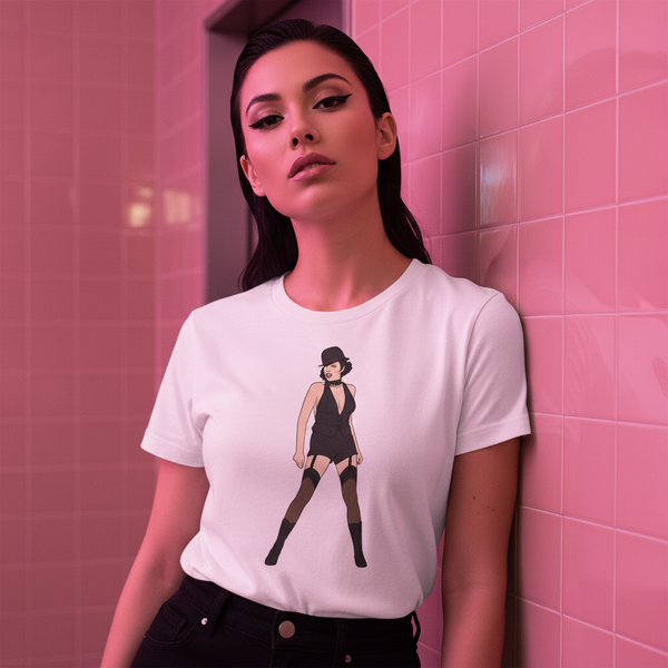 Liza Minnelli Unisex T-Shirt, white cotton, illustrated cabaret dancer in black with stockings and bowler hat